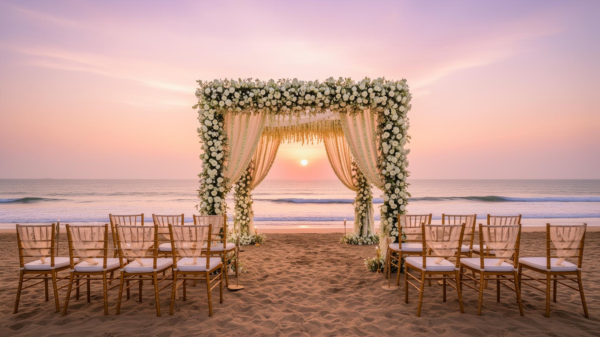 Floral mandap on Chennai beach at sunset